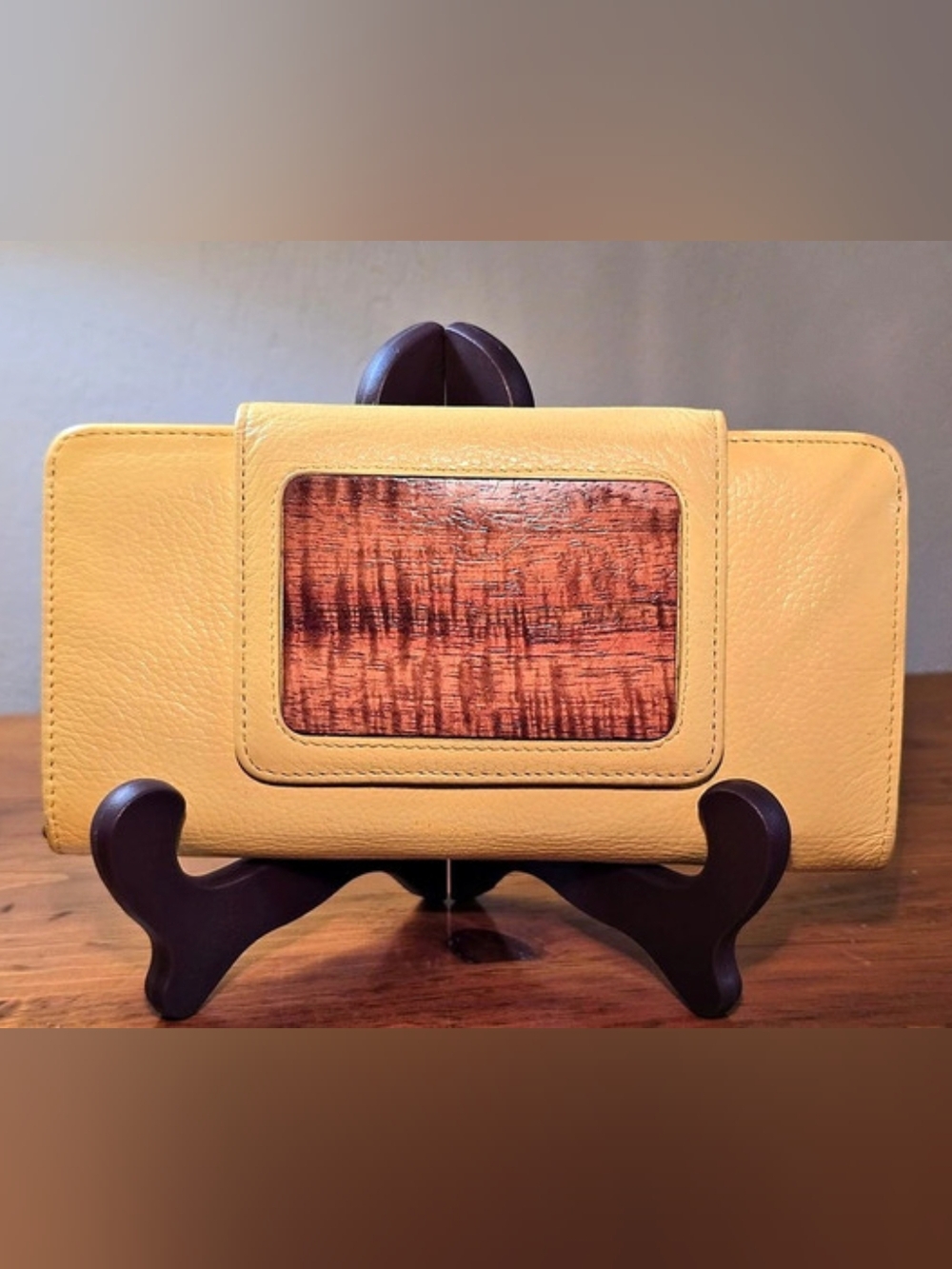 Martin & MacArthur Hawaii Koa Wood & Yellow Leather Continental Wallet Clutch
